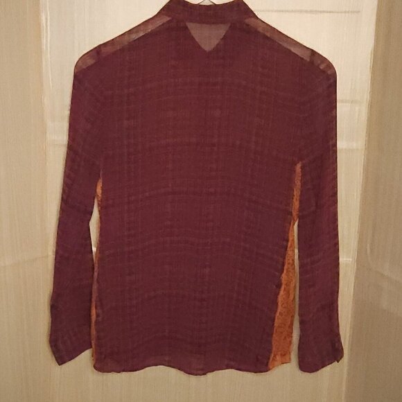 Hinge Womens Orange Purple Sheer Plaid Blouse Medium - Picture 2 of 8